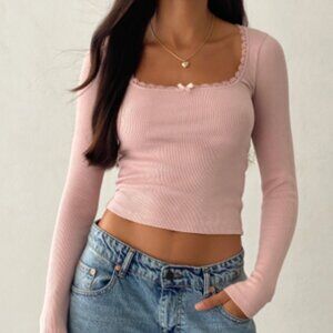 Long Sleeve Pink Coquette Bow Ribbed Top